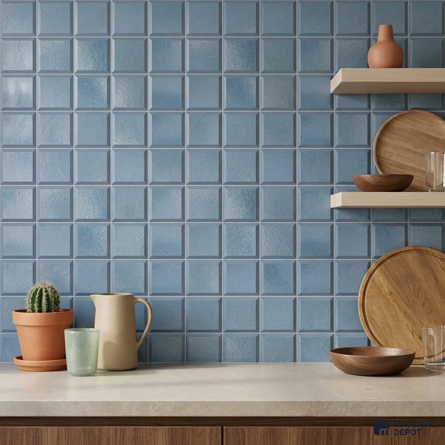 Modern Kitchen with Denim Blue Beveled Square Backsplash Tile and Walnut Cabinets