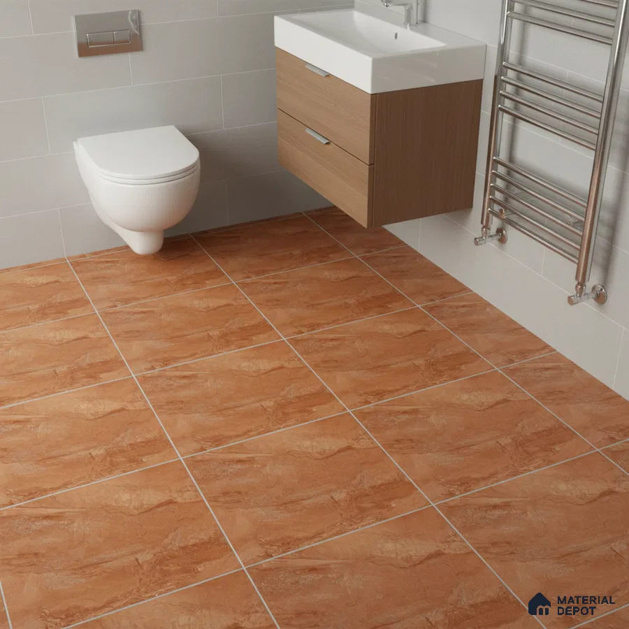 Modern bathroom with terracotta marble-look floor tiles and light grey wall tiles