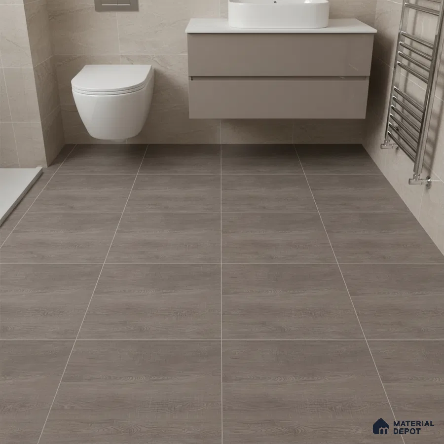Modern bathroom with taupe wood-look floor tiles and beige stone wall tiles