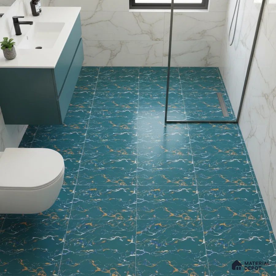 Modern bathroom with teal marble-look floor tiles and white marble wall tiles