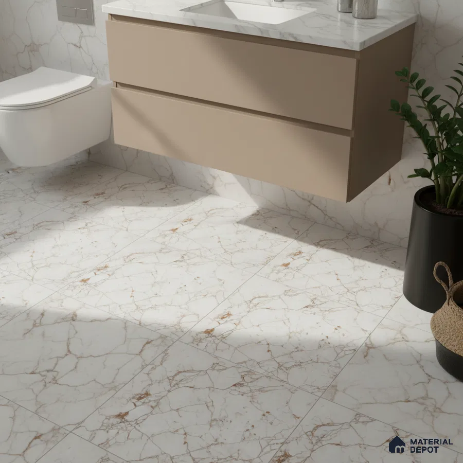 Modern bathroom with beige floating vanity and white marble-look floor and wall tiles