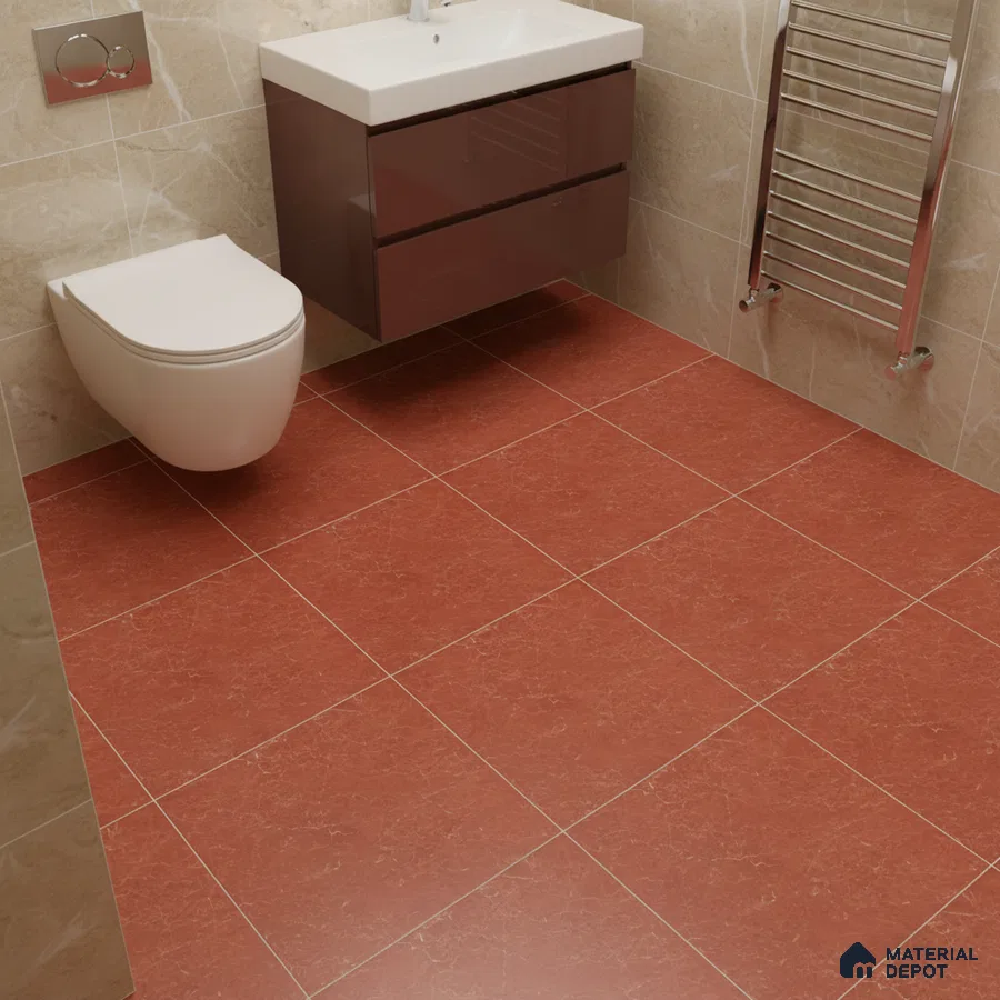 Modern bathroom with terracotta marble-look floor tiles and beige marble wall tiles