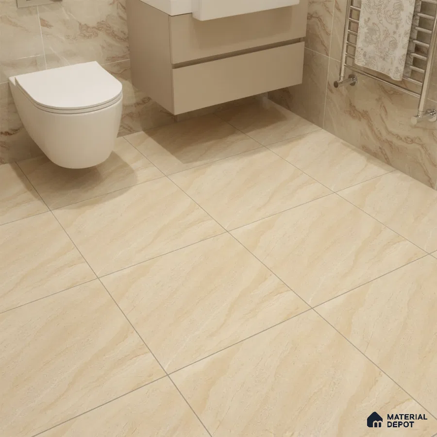 Modern bathroom with beige marble-look wall and floor tiles