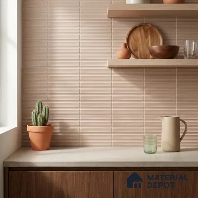 Modern Kitchen with Blush Beige Fluted Backsplash Tile and Walnut Cabinets