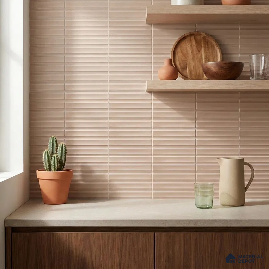 Modern Kitchen with Blush Beige Fluted Backsplash Tile and Walnut Cabinets