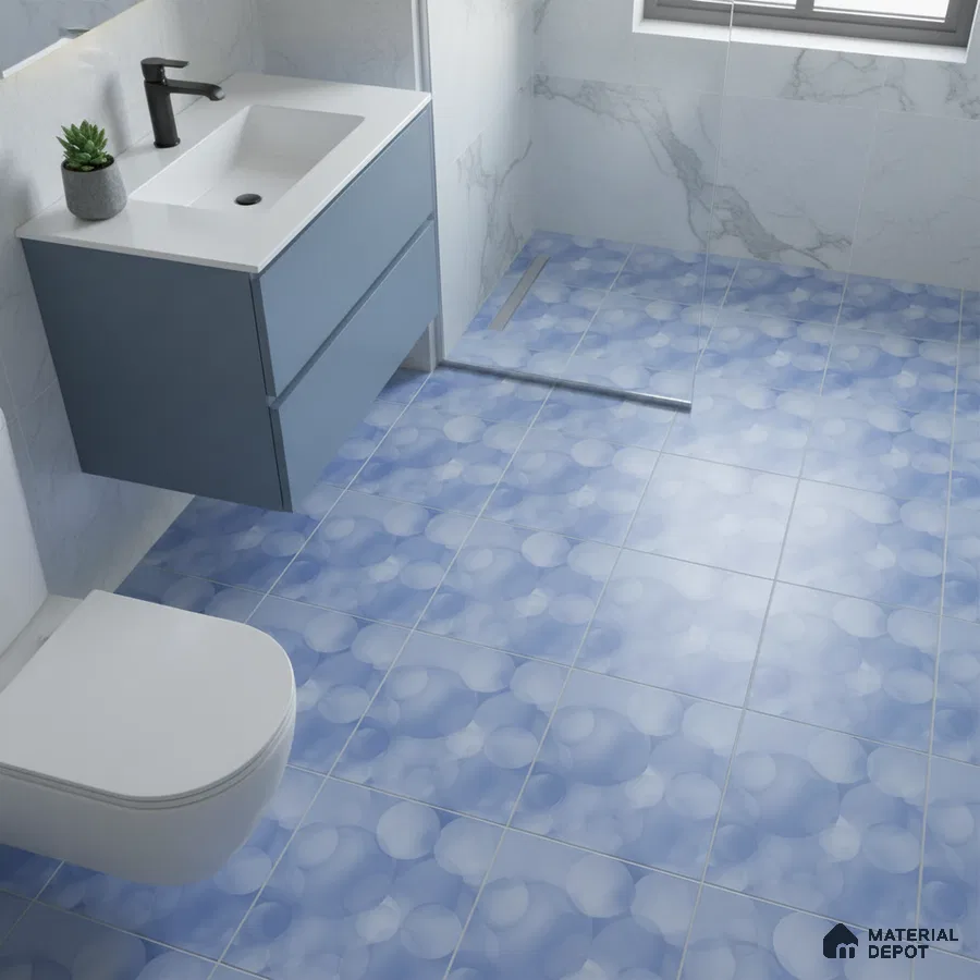 Modern bathroom with blue bubble patterned floor tiles and marble wall tiles