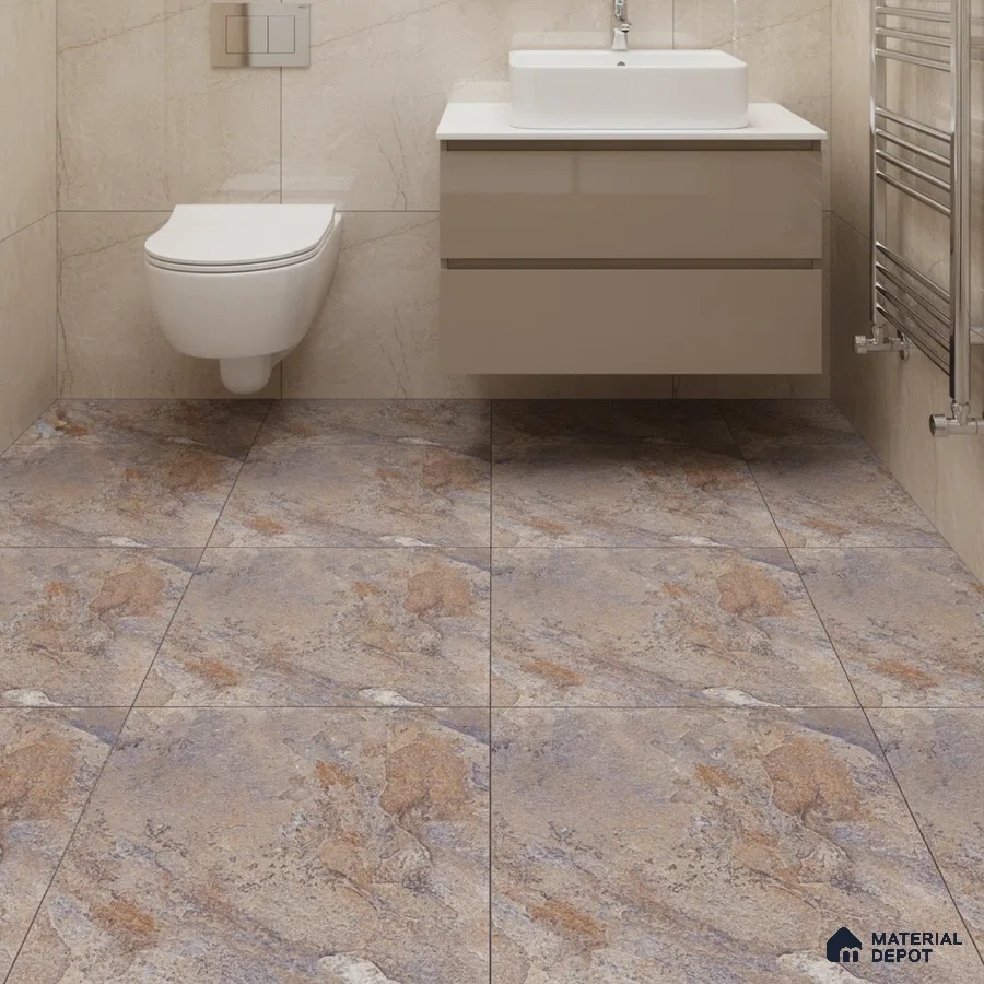 Modern bathroom with beige marble wall tiles and rustic stone-look floor tiles