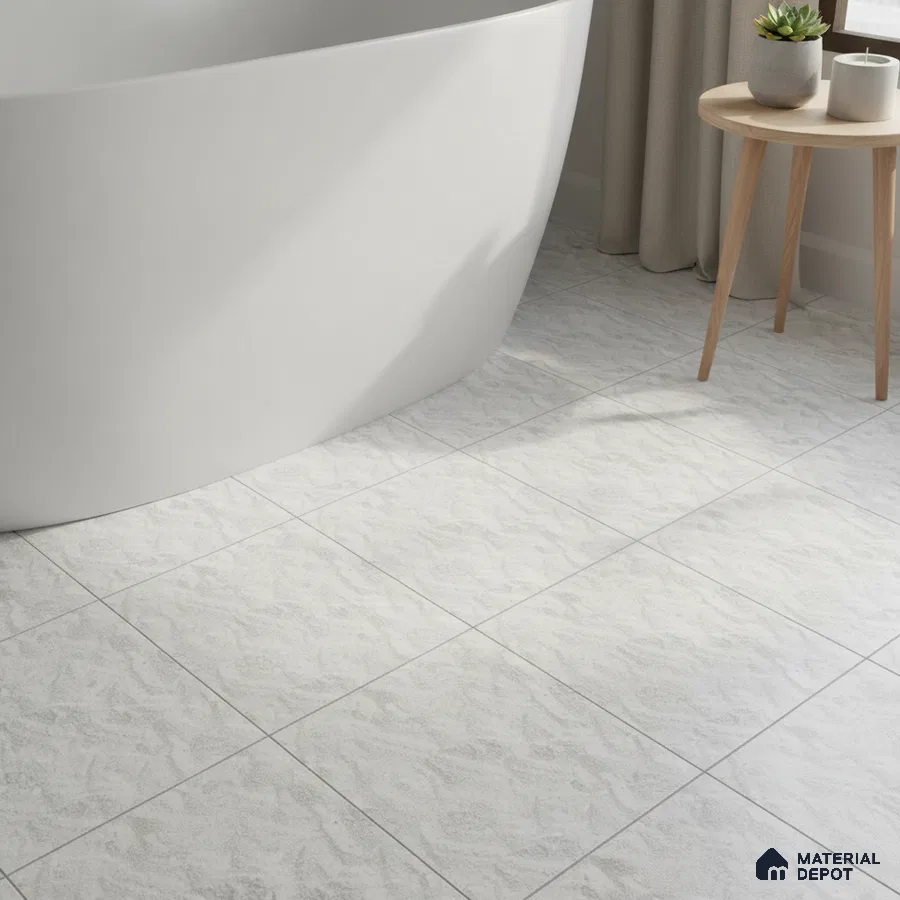 Minimalist bathroom with matte white textured floor tiles and freestanding tub