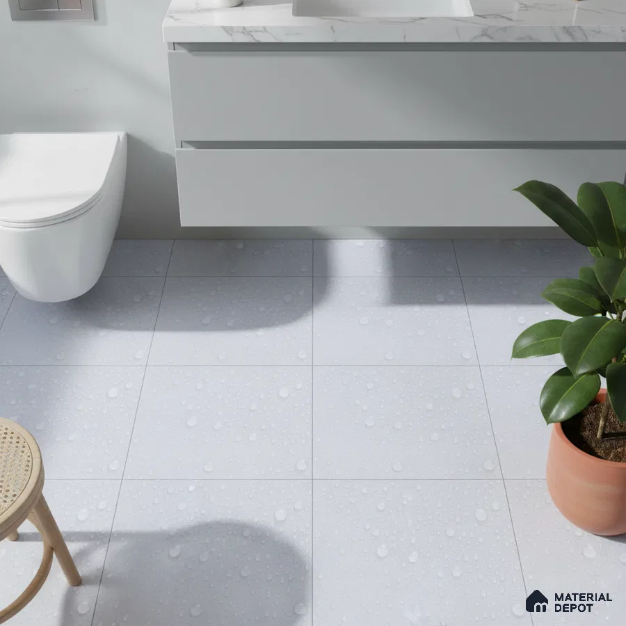 Minimalist bathroom with matte white floor tiles and marble countertop vanity