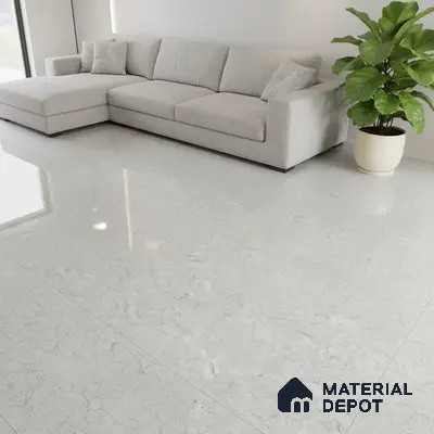 Minimalist living room with light grey marble floor tiles and neutral fabric sofa