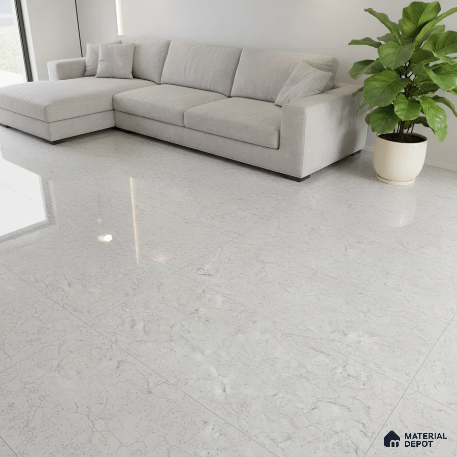 Minimalist living room with light grey marble floor tiles and neutral fabric sofa