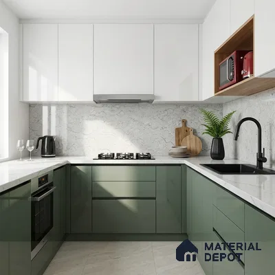 Modern dual tone kitchen with sage green and frosty white laminate, white marble-look quartz countertop, and marble backsplash