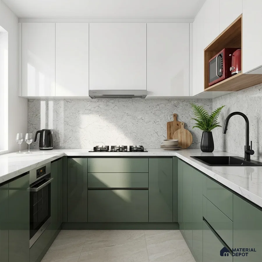 Modern dual tone kitchen with sage green and frosty white laminate, white marble-look quartz countertop, and marble backsplash