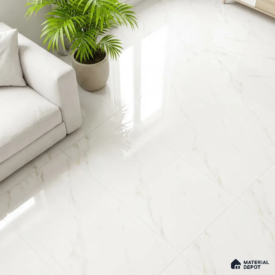 Minimalist living room with glossy white marble-look floor tiles