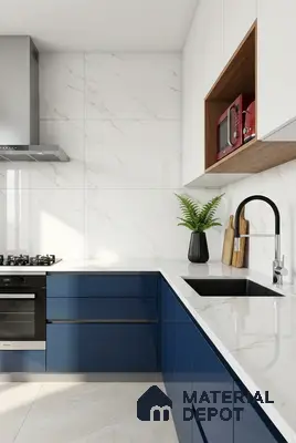 Modern kitchen with blue high gloss laminate, white marble-look backsplash tile, and white quartz countertop