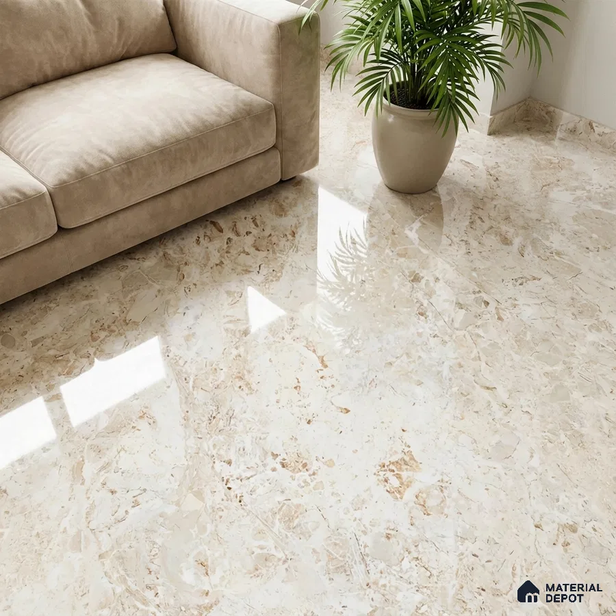Modern living room with beige marble-look glossy floor tiles and neutral sofa