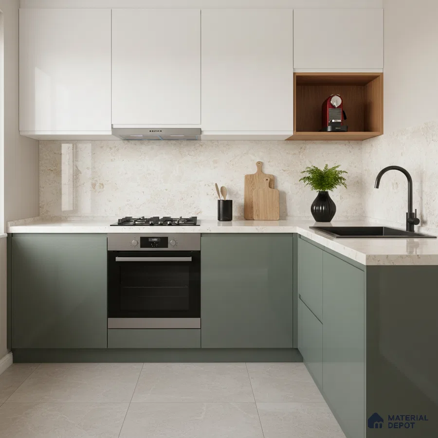 Modern kitchen with sage green and white laminate, marble-look backsplash, and quartz countertop