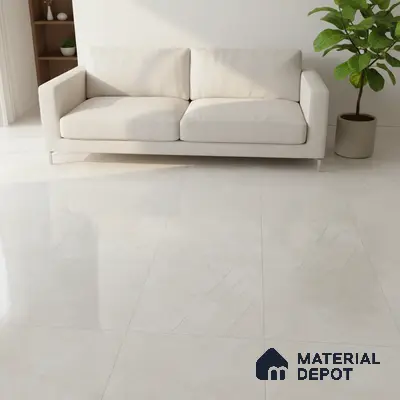 Minimalist living room with ivory marble floor tiles and beige fabric sofa