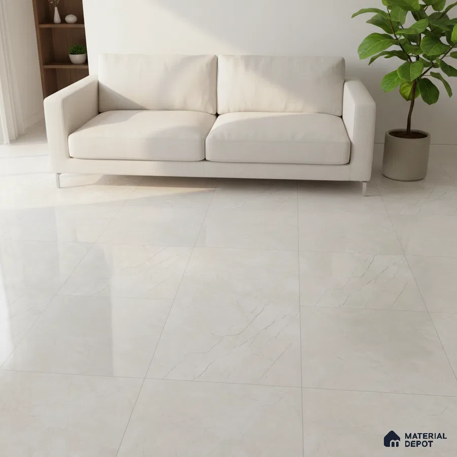 Minimalist living room with ivory marble floor tiles and beige fabric sofa