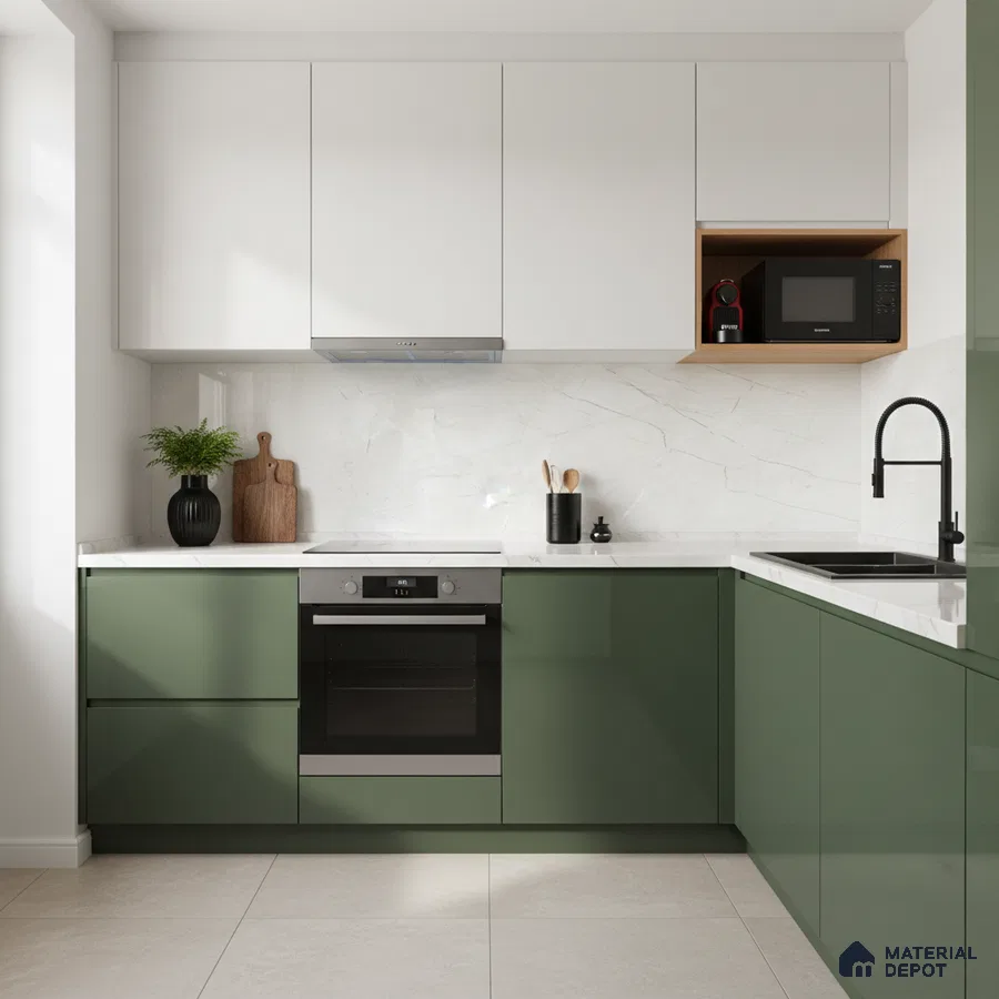 Modern dual tone kitchen with olive green laminate, frosty white laminate, and white marble backsplash