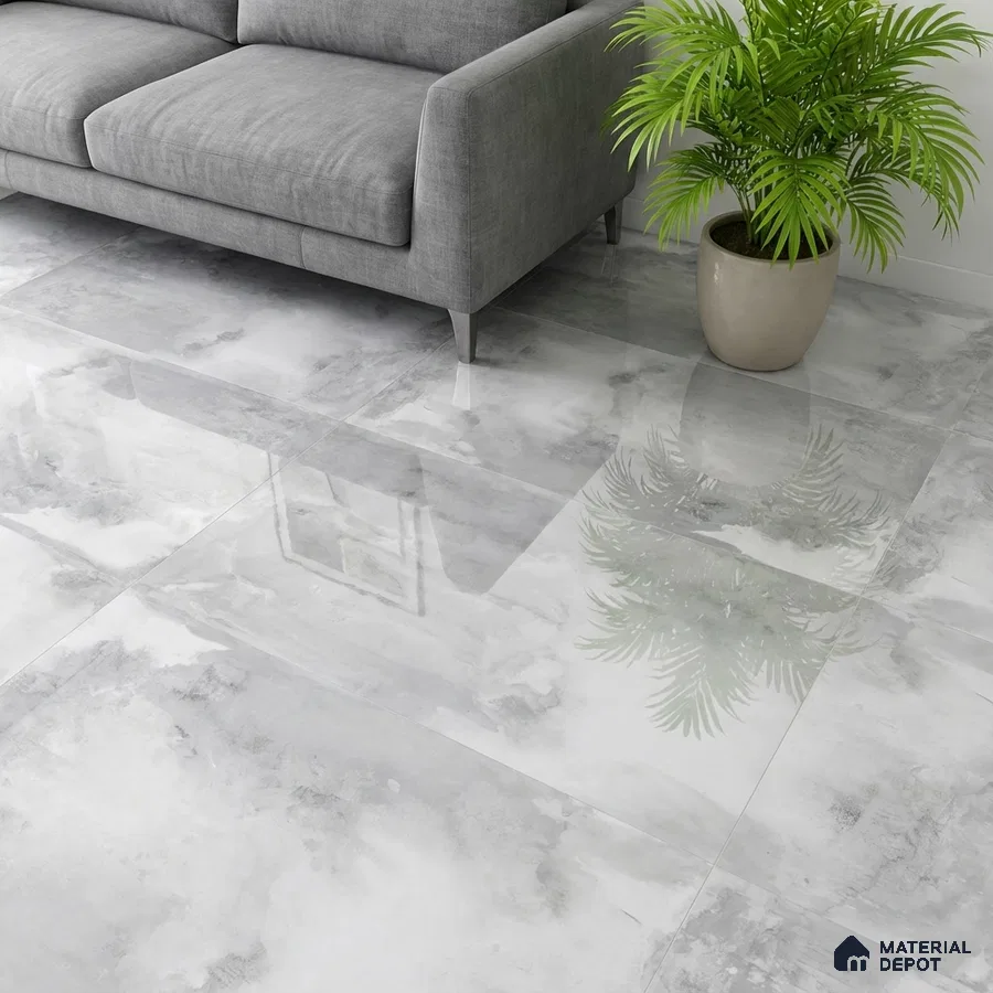Modern living room with grey marble-look glossy floor tiles and grey fabric sofa