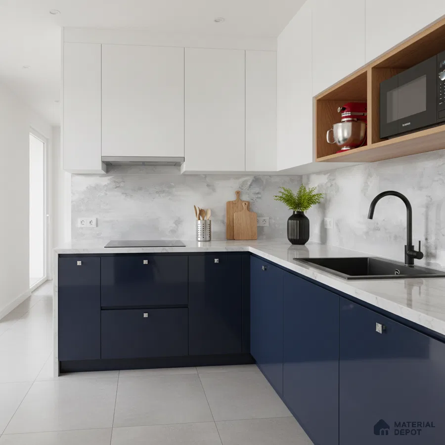 Modern dual tone kitchen with navy blue and frosty white laminate, marble-look backsplash, and white quartz countertop