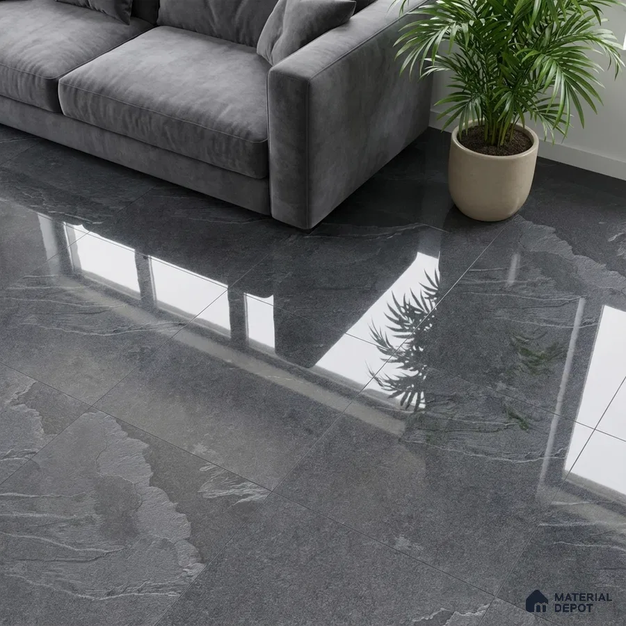 Modern living room with grey polished stone-look floor tiles and grey suede sofa
