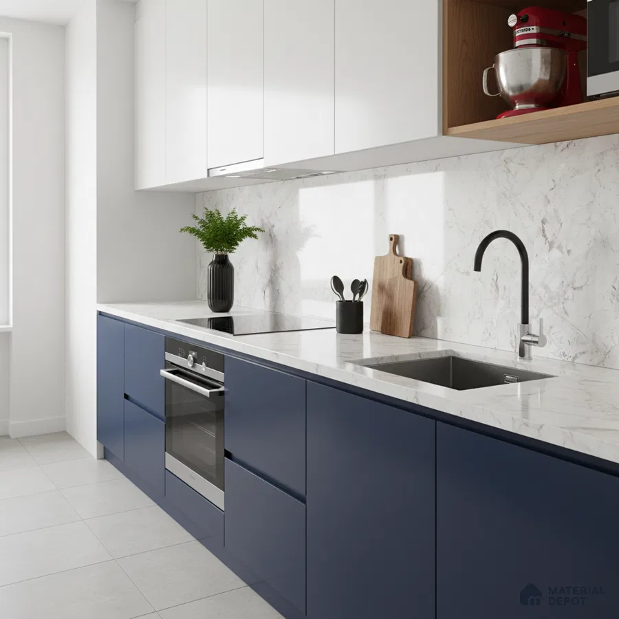 Modern kitchen with navy blue and frosty white laminate, marble-look backsplash, and white quartz countertop