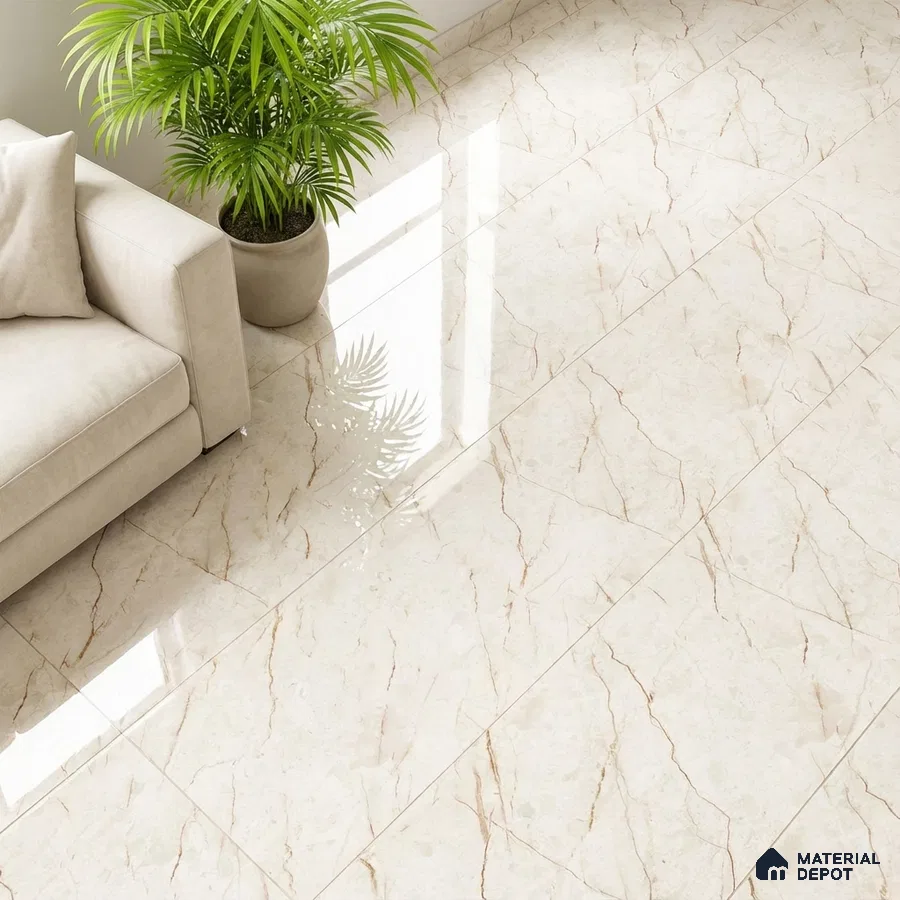 Modern living room with glossy beige marble-look floor tiles and neutral sofa