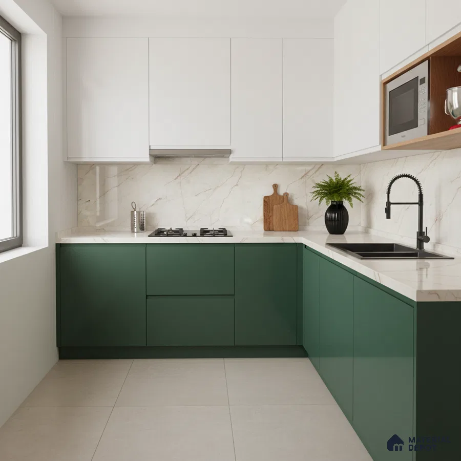 Modern dual tone kitchen with olive green and frosty white laminate, marble-look backsplash, and white quartz countertop