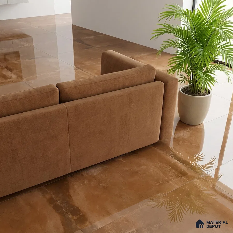 Minimalist living room with glossy brown marble-look floor tiles and suede brown sofa