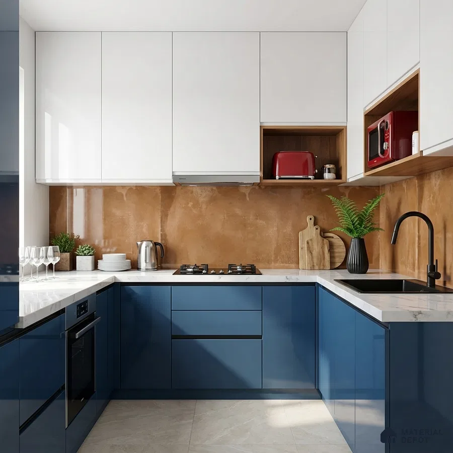 Modern dual tone kitchen with blue high gloss laminate, white laminate, and brown stone backsplash