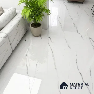 Modern living room with white marble-look floor tiles and marble fabric sofa