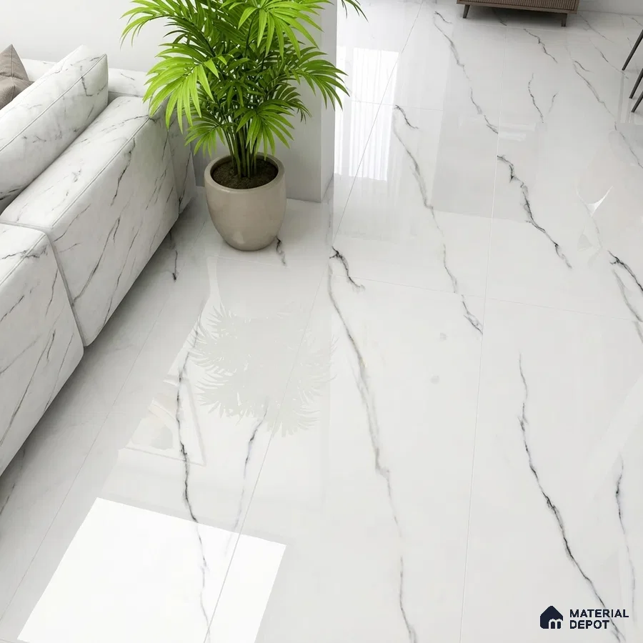Modern living room with white marble-look floor tiles and marble fabric sofa