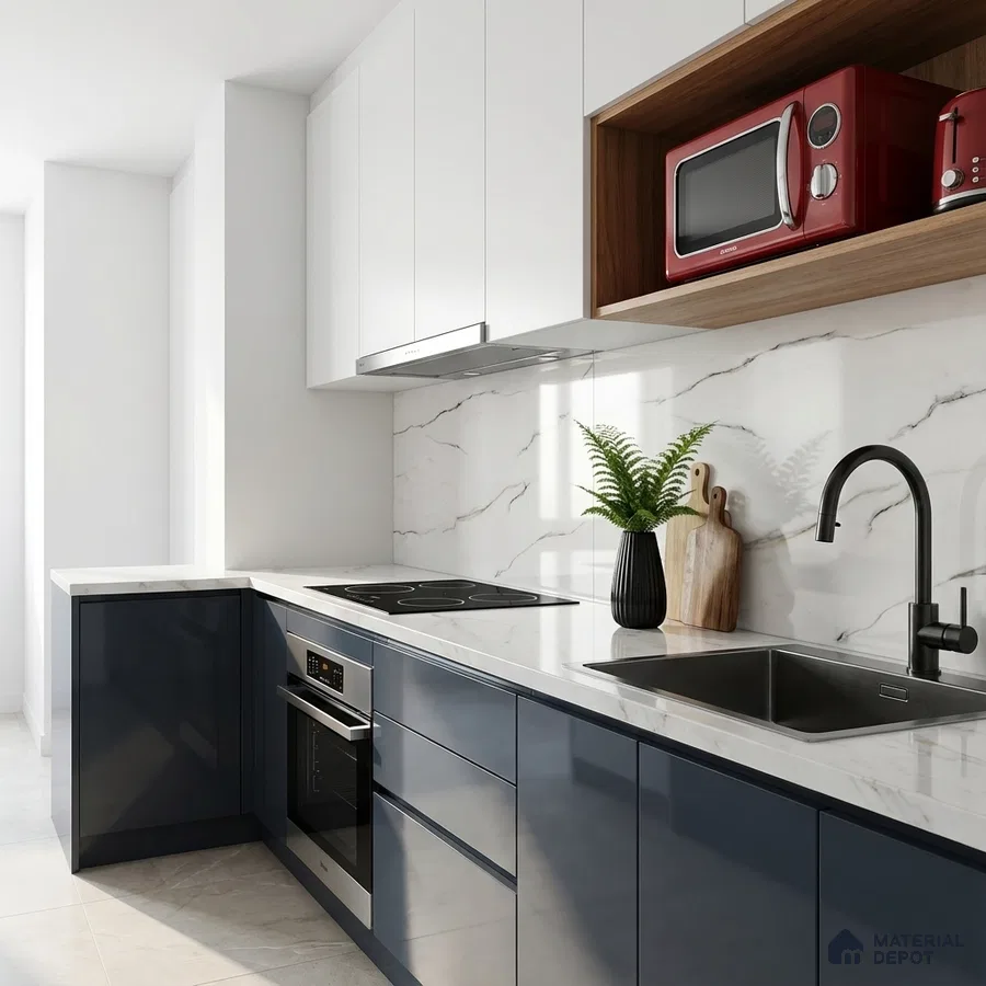 Modern kitchen with navy blue high gloss laminate, white marble-look laminate, and marble backsplash