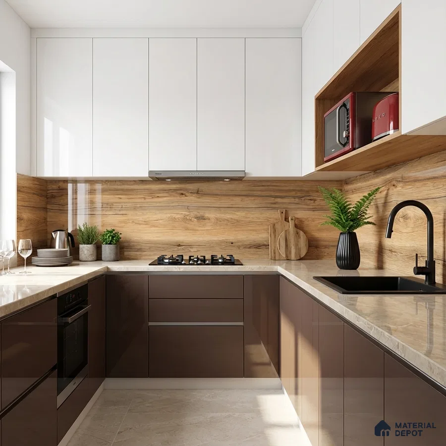 Modern kitchen with glossy brown laminate, white laminate, wood-look backsplash, and beige quartz countertop