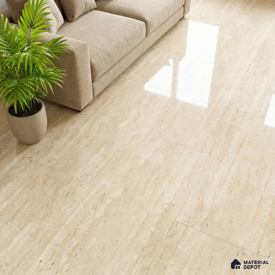Modern living room with beige travertine-look polished floor tiles and neutral sofa