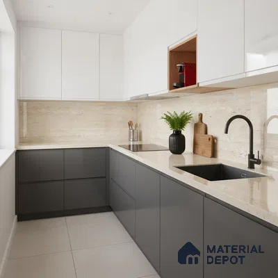Modern dual tone kitchen with white and graphite grey laminate, beige marble backsplash and countertop