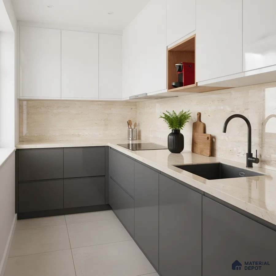 Modern dual tone kitchen with white and graphite grey laminate, beige marble backsplash and countertop
