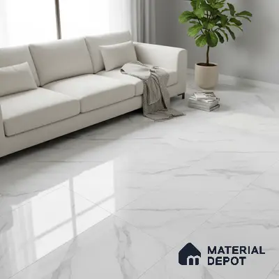 Minimalist living room with white marble-look floor tiles and beige fabric sofa