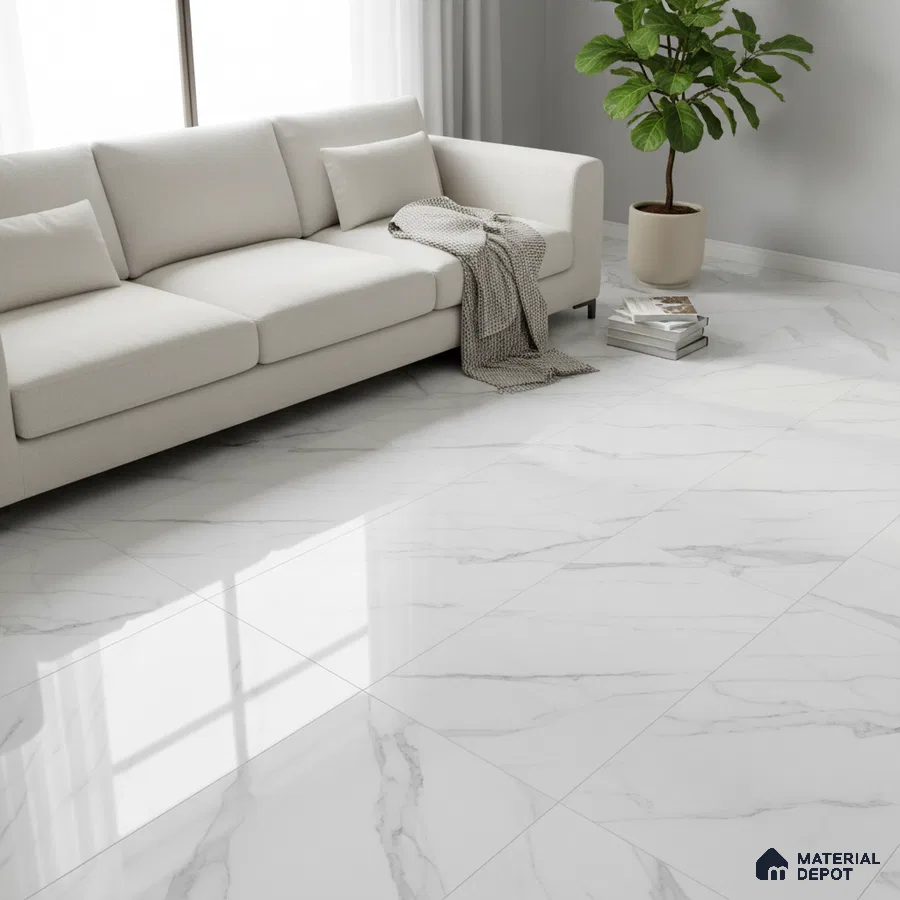 Minimalist living room with white marble-look floor tiles and beige fabric sofa