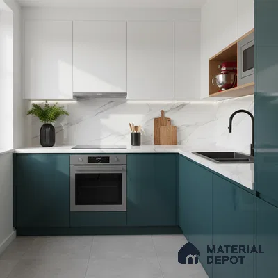 Modern dual tone kitchen with teal blue laminate, frosty white laminate, and marble-look backsplash