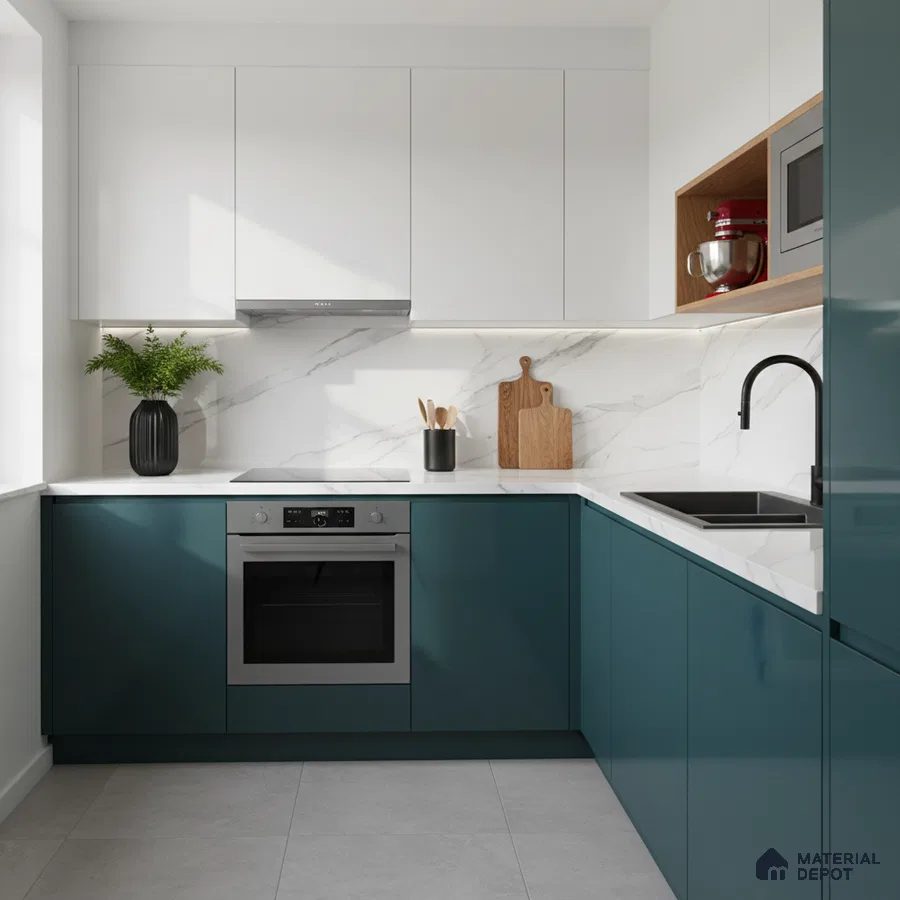 Modern dual tone kitchen with teal blue laminate, frosty white laminate, and marble-look backsplash