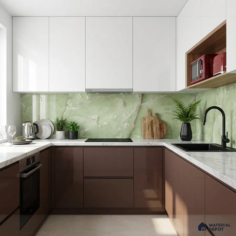 Modern dual tone kitchen with white and brown high gloss laminate, green marble-look backsplash, and white quartz countertop