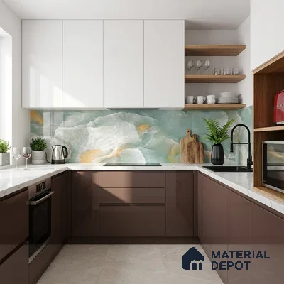 Modern kitchen with glossy brown laminate, white laminate, onyx-look backsplash tile, and white quartz countertop