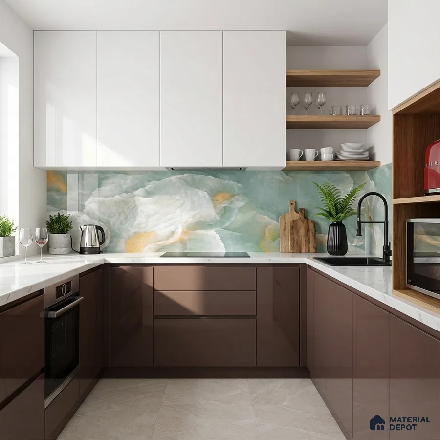 Modern kitchen with glossy brown laminate, white laminate, onyx-look backsplash tile, and white quartz countertop
