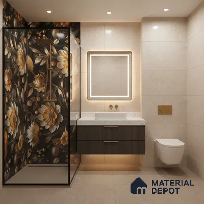 Modern bathroom with floral highlighter wall tile, beige marble-look wall tiles, and floating wood vanity