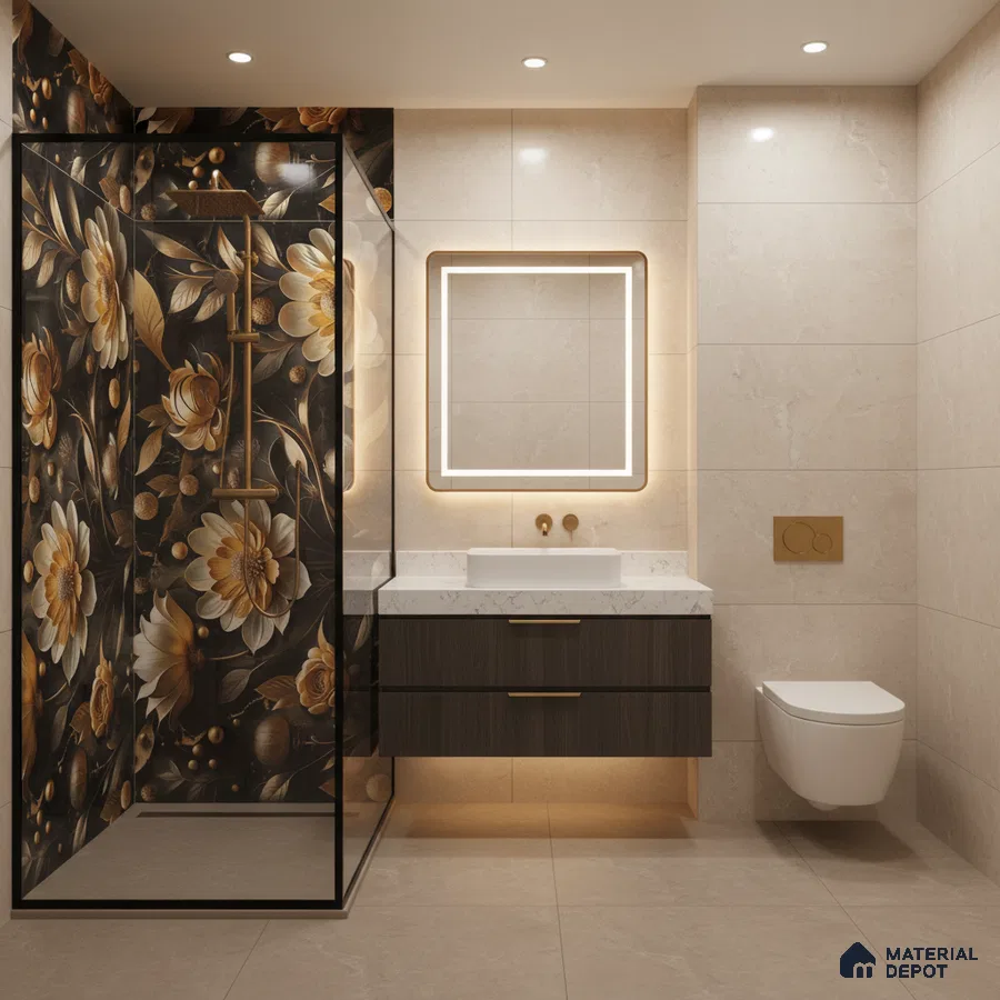Modern bathroom with floral highlighter wall tile, beige marble-look wall tiles, and floating wood vanity