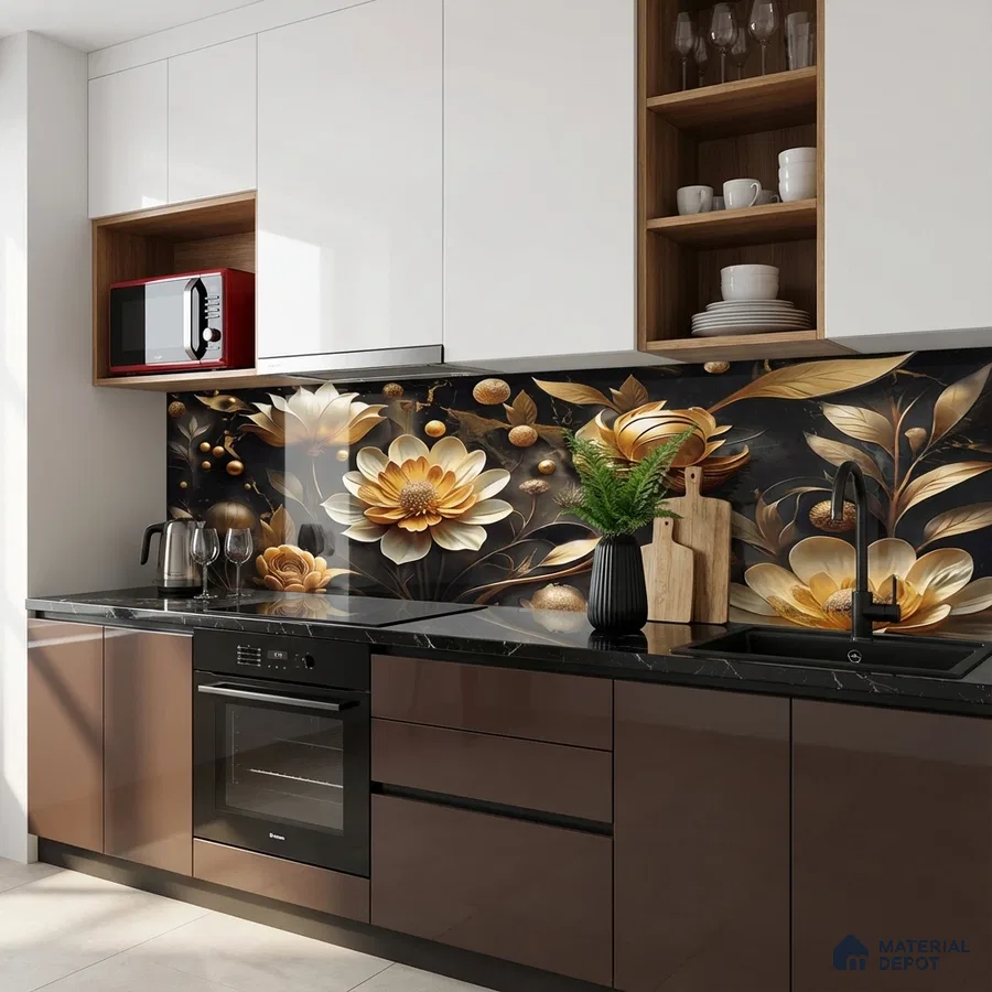 Modern kitchen with floral highlighter backsplash tile, glossy brown laminate, and black quartz countertop