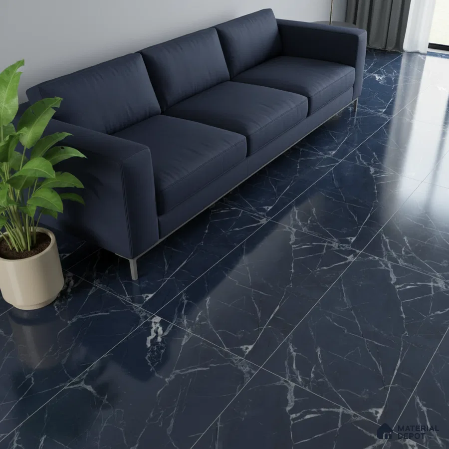 Modern living room with navy blue marble floor tiles and navy fabric sofa